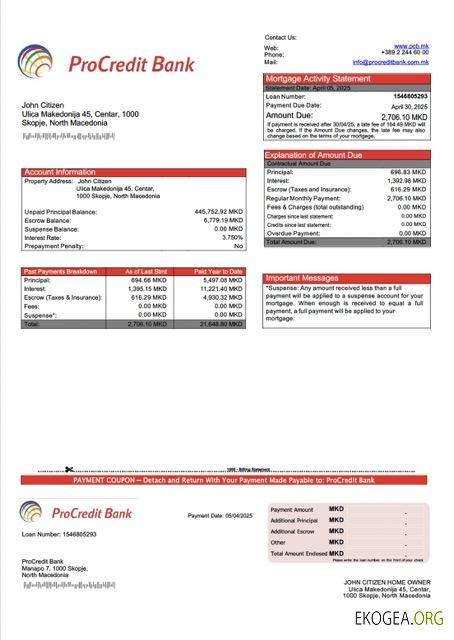 Modèle Word et PDF de relevé hypothécaire de la ProCredit Bank de Macédoine du Nord